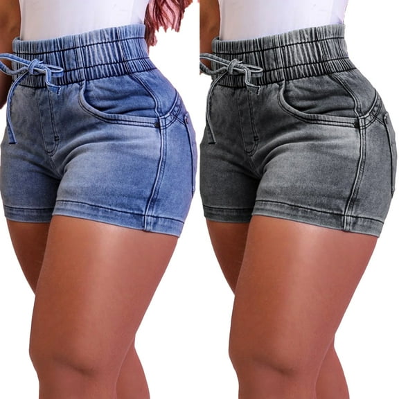 LYMAYTER Elastic Waist Jean Shorts for Women's Slim Denim Shorts High Waist Cowboy Shorts Drawstring Denim Shorts S-XL