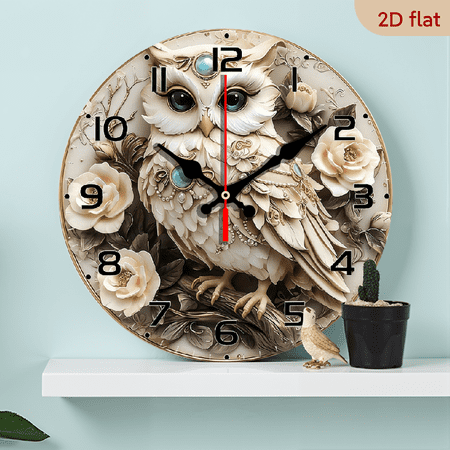 2D Flat, 1pc 10Inch Elegant Owl Wall Clock - Silent Wood Veneer Round Clock with Intricate Owl Floral Design, Battery Operated (AA Battery Not Included) - Perfect for Living Room, Study, or Gift f