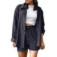 thumbnail image 3 of Womens Sets 2 Piece Outfits New 2 Piece Casual Sets for Women Summer Long Sleeve Shirts and Wide Leg Shorts Loose Fitted Dressy Set Outfits Dark Gray S, 3 of 4