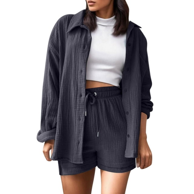 Womens Lounge Sets For Fall ZVAVZ Womens Summer Fall Wrinkle Tracksuits Laple Neck Buttons Down Shirts Drawstring Shorts Pants Sets Womens Two Piece Outfits Casual