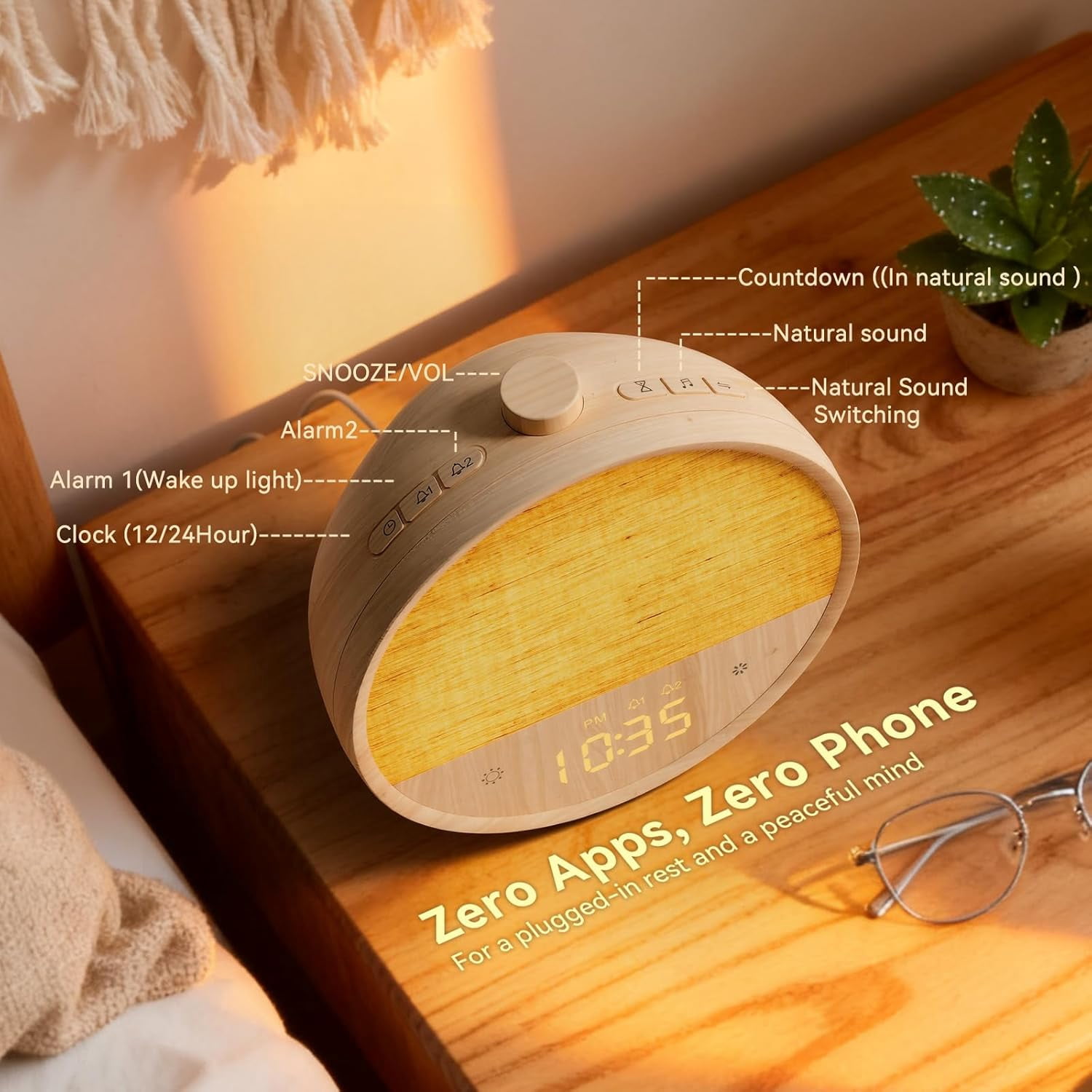 Wood Grain Sunrise Alarm Clock with Wake Up Light, White Noise Sound Machine, Dual Alarms for Heavy Sleepers, 10 Natural Sounds, RGB Mood Light, Dimmable Bedside Night Lamp for Bedroom