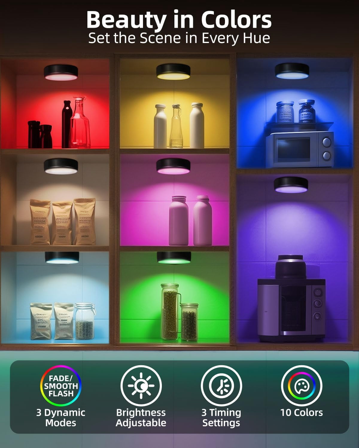 RGHJAR-2-Pack Puck Lights with Remote, 1800mAh Rechargeable Under Cabinet Lighting, 3 Color Temps & 7 RGB Colors, Long-Lasting Dimmable Stick-On Lights for Cabinet, Kitchen, Shelf, Party