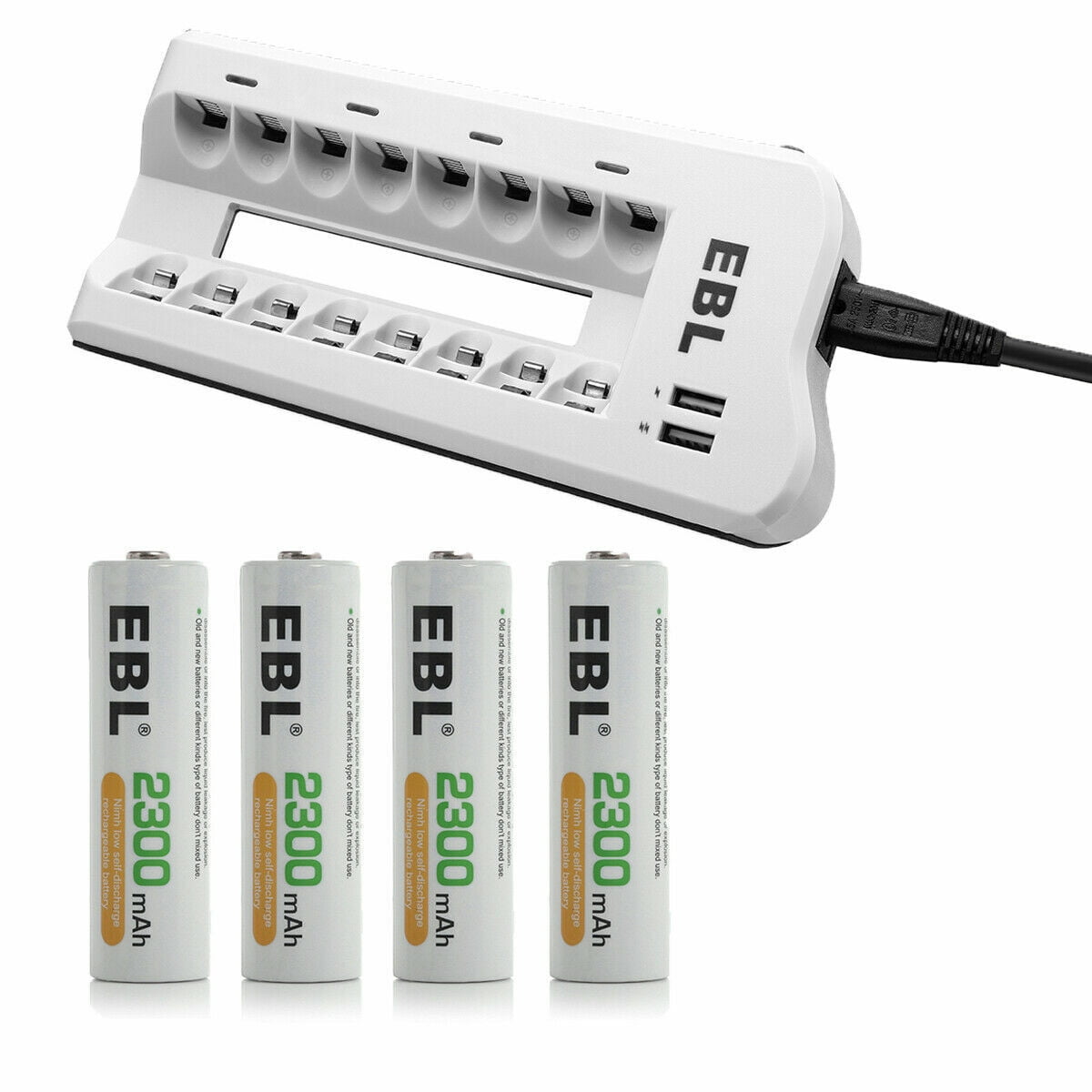EBL 4-Pack Rechargeable AA Batteries + 8 Bay Battery Charger for AA AAA  Ni-MH Ni-CD Battery with USB Ports 
