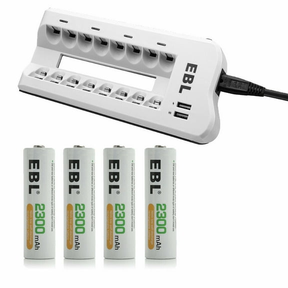 EBL 4-Pack Rechargeable AA Batteries   8 Bay Battery Charger for AA AAA Ni-MH Ni-CD Battery with USB Ports