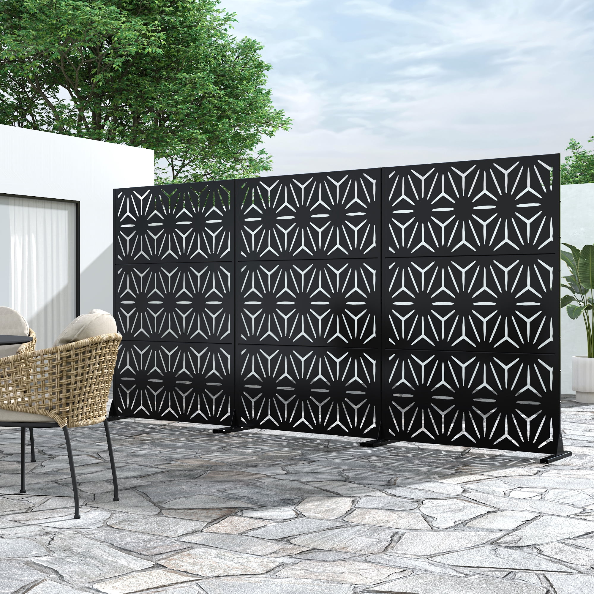 MAYEERTY 72*47" Outdoor Metal Privacy Screen Freestanding Panel Screen for Patio,Geometric Star Pattern, Black