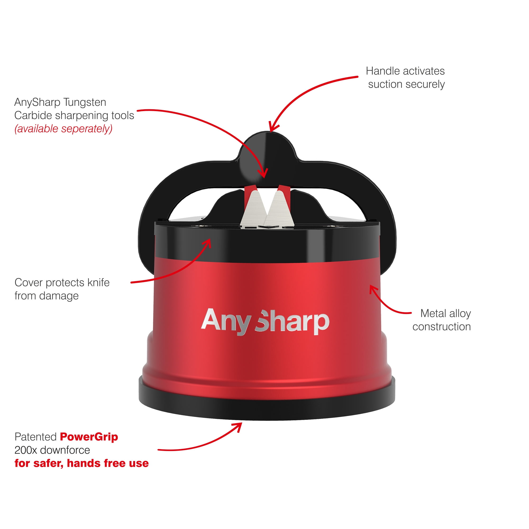 AnySharp Knife Sharpener, Hands-Free Safety, PowerGrip Suction, Sharpens All Kitchen Knives, Red