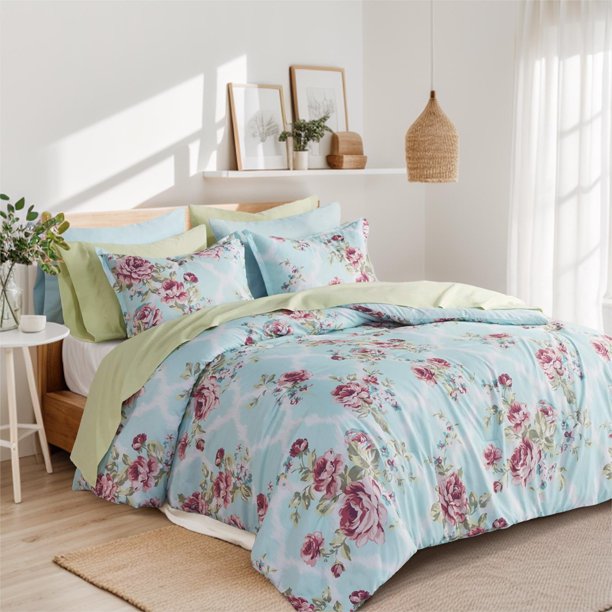 Comfort Spaces Juego de Cama Tamaño Queen en Bolsa con Edredón y Bolsillos Laterales de 9 Piezas con Diseño Floral, Azul y Rojo