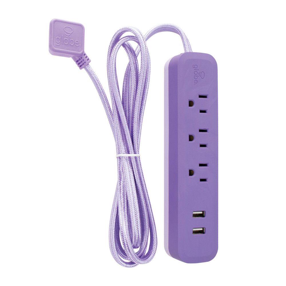 Globe Electric Watt Designer Series 6ft 3Outlet Lavender USB Surge Protector Power Strip