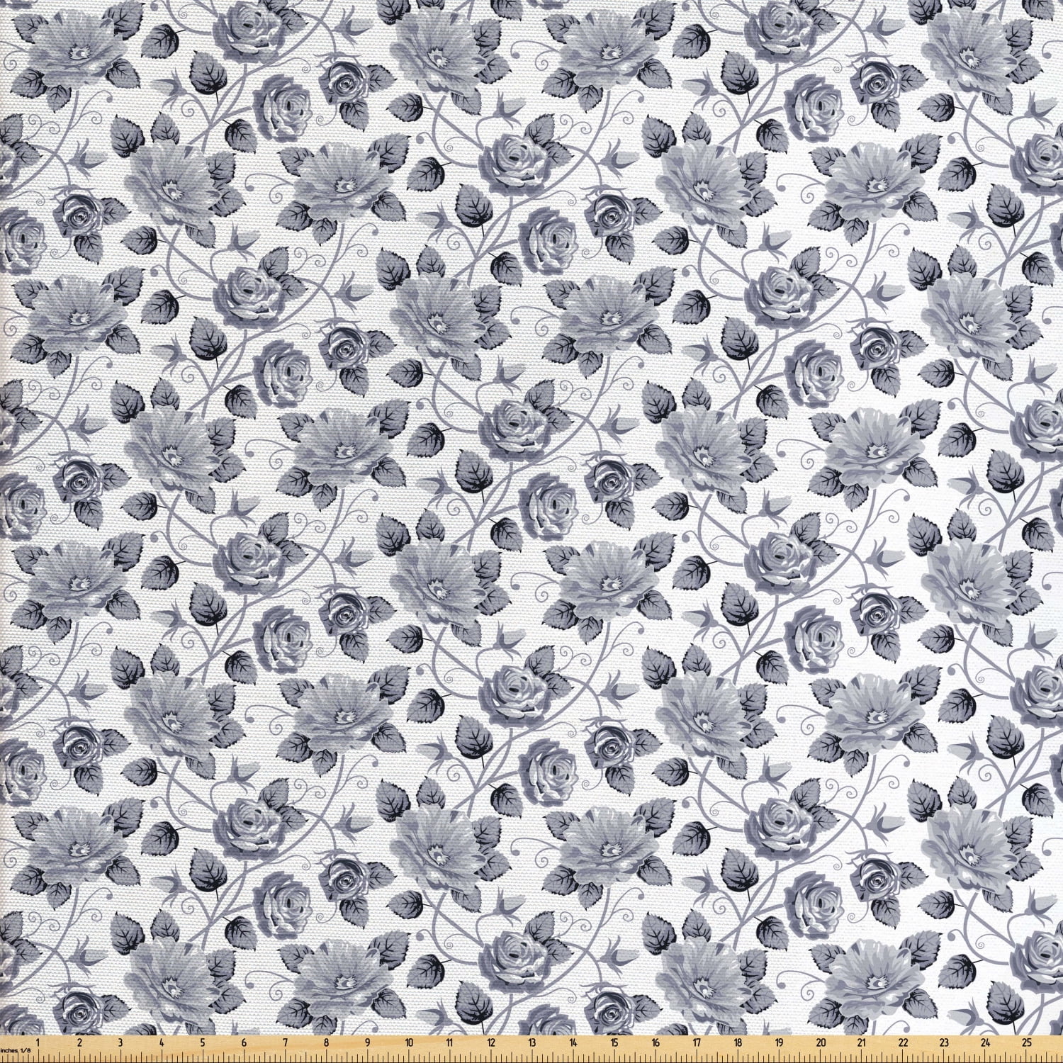 Grey and White Fabric by The Yard, Romantic Rose Bouquet with Swirls