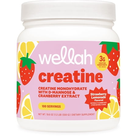 Wellah Creatine for Women (100 Servings, Strawberry Lemonade) - Creatine Monohydrate with Dandelion & Cranberry Extract