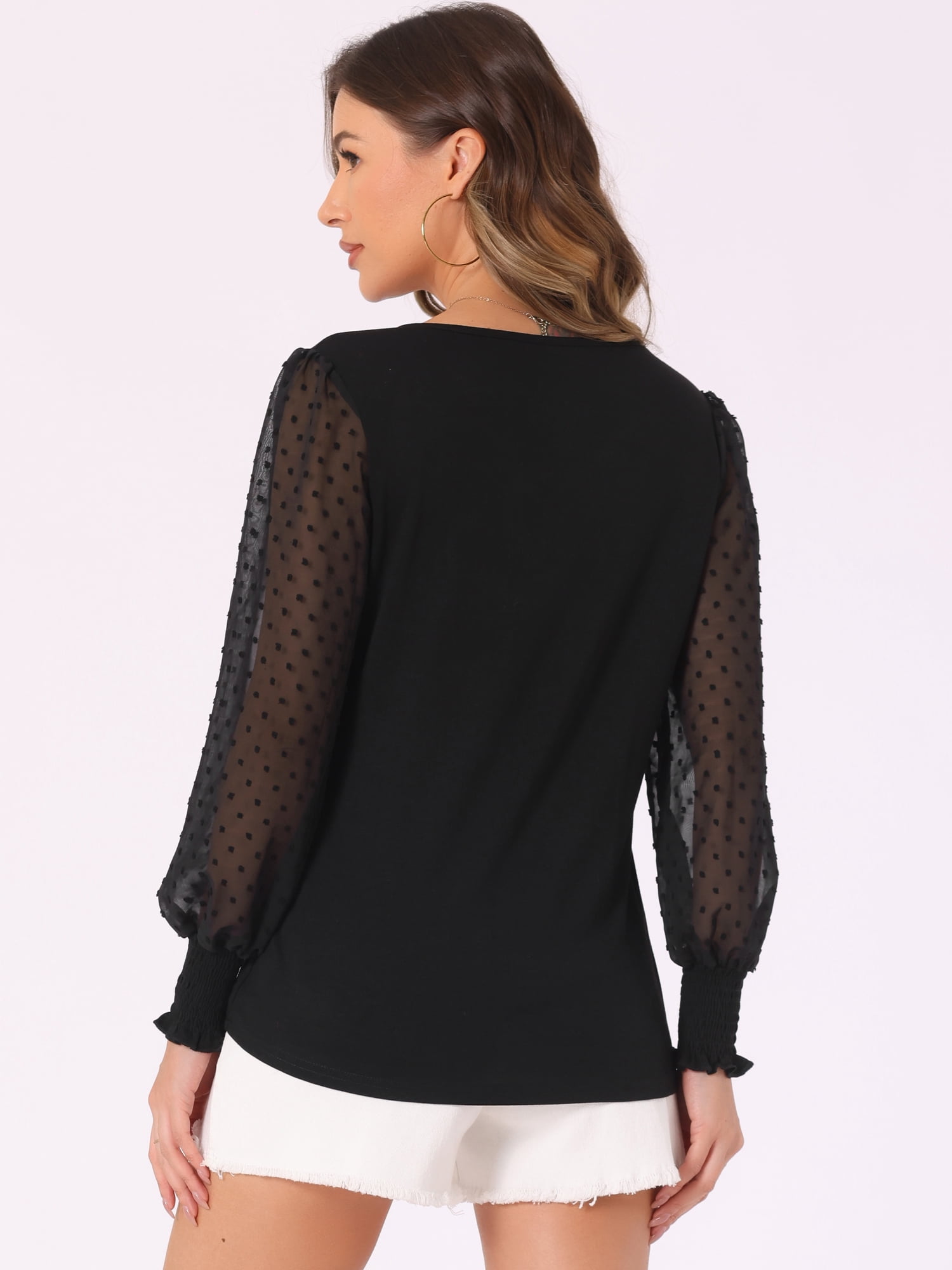 DARING DIVA Women's Semi Sheer Polka Dots Long Sleeve V Neck Blouses XS Black