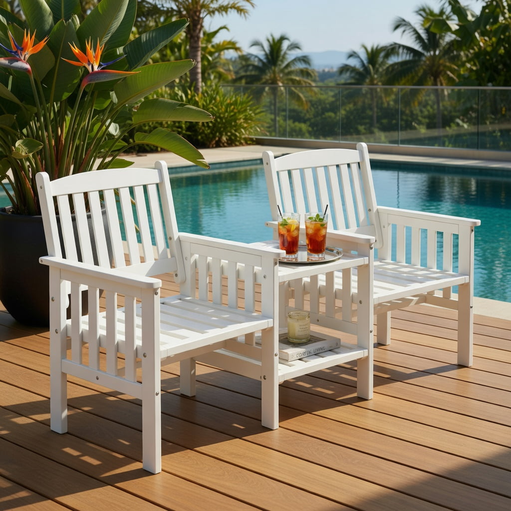 Hommoo Outdoor Fir Wood Loveseat Set with 2-Tier Side Table & 1.96-Inch Umbrella Hole, White