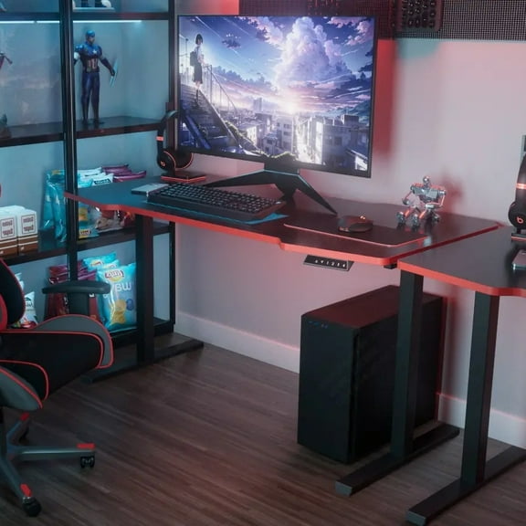 55×28 Inch Electric Gaming Standing Desk, Adjustable Height Sit Stand Esports Workstation with 220 lbs Load Capacity, Whole-Piece Desktop for Home Office & Game Setup (Black Frame   Black Top)