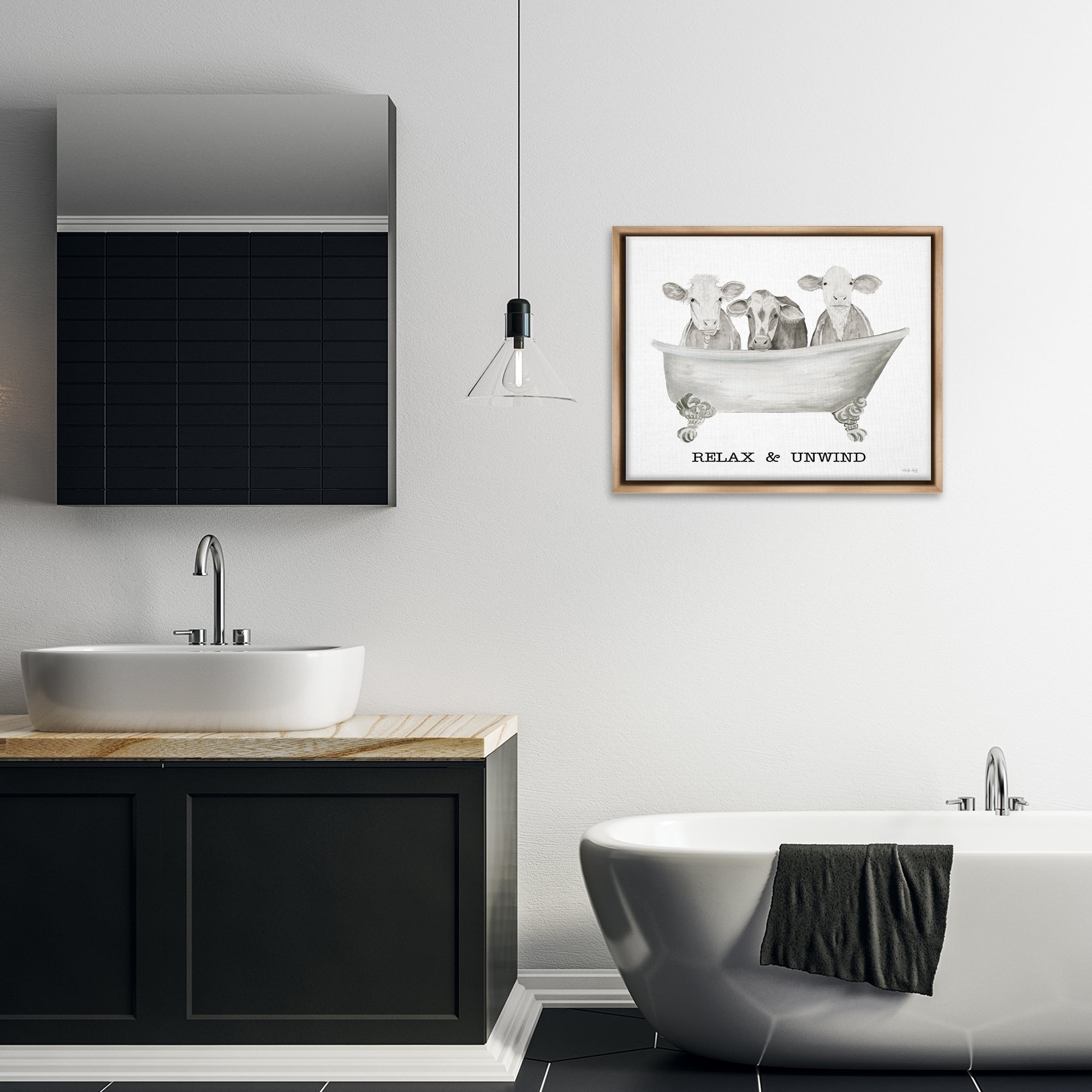 Stupell Industries Relax Unwind Cow Tub Bath & Laundry Painting Brown Floater Framed Canvas Art Print Wall Art, 31 x 25