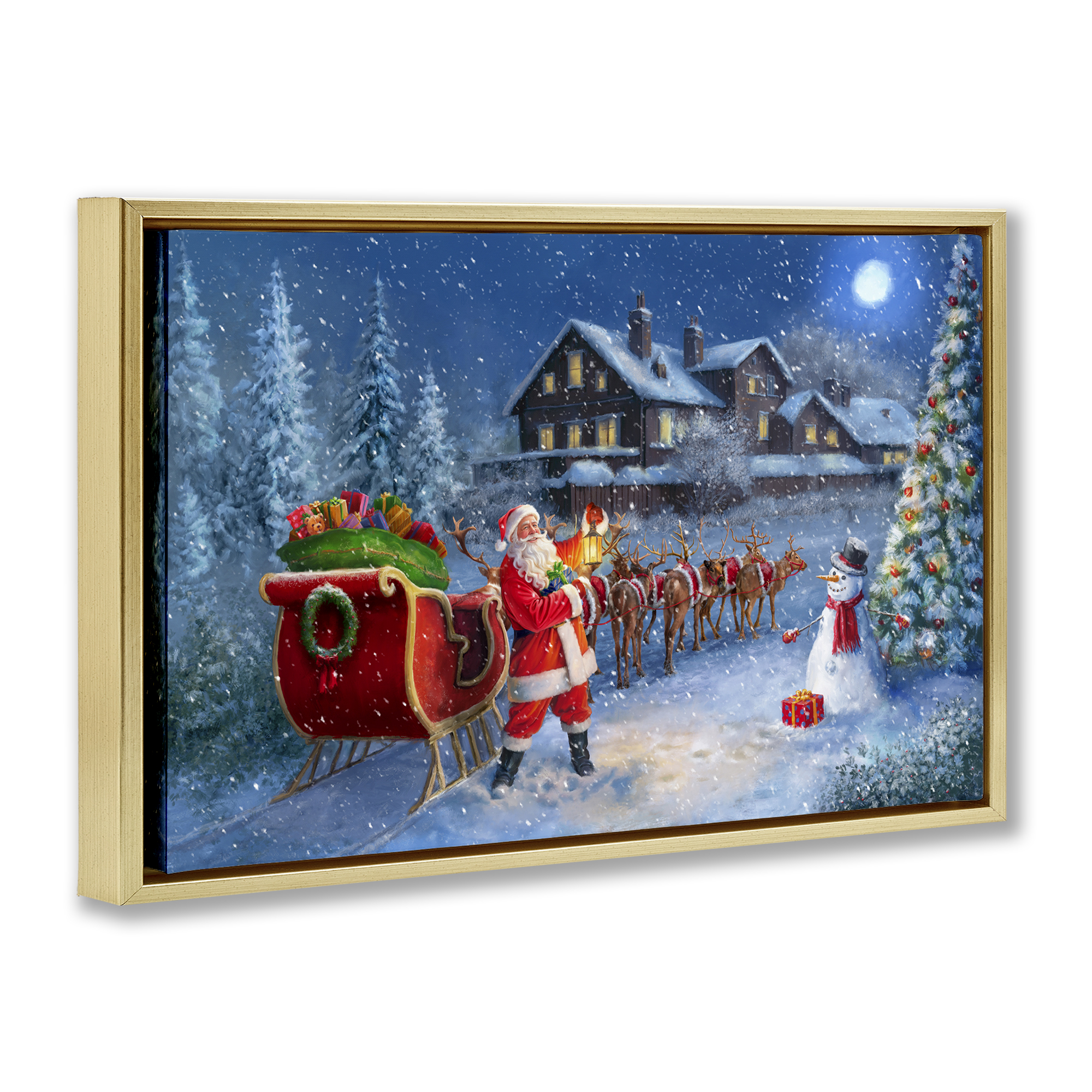 Stupell Industries Santa's Sleigh & Lantern Holiday Painting Gold Floater Framed Canvas Art Prints Wall Art, 25 x 17