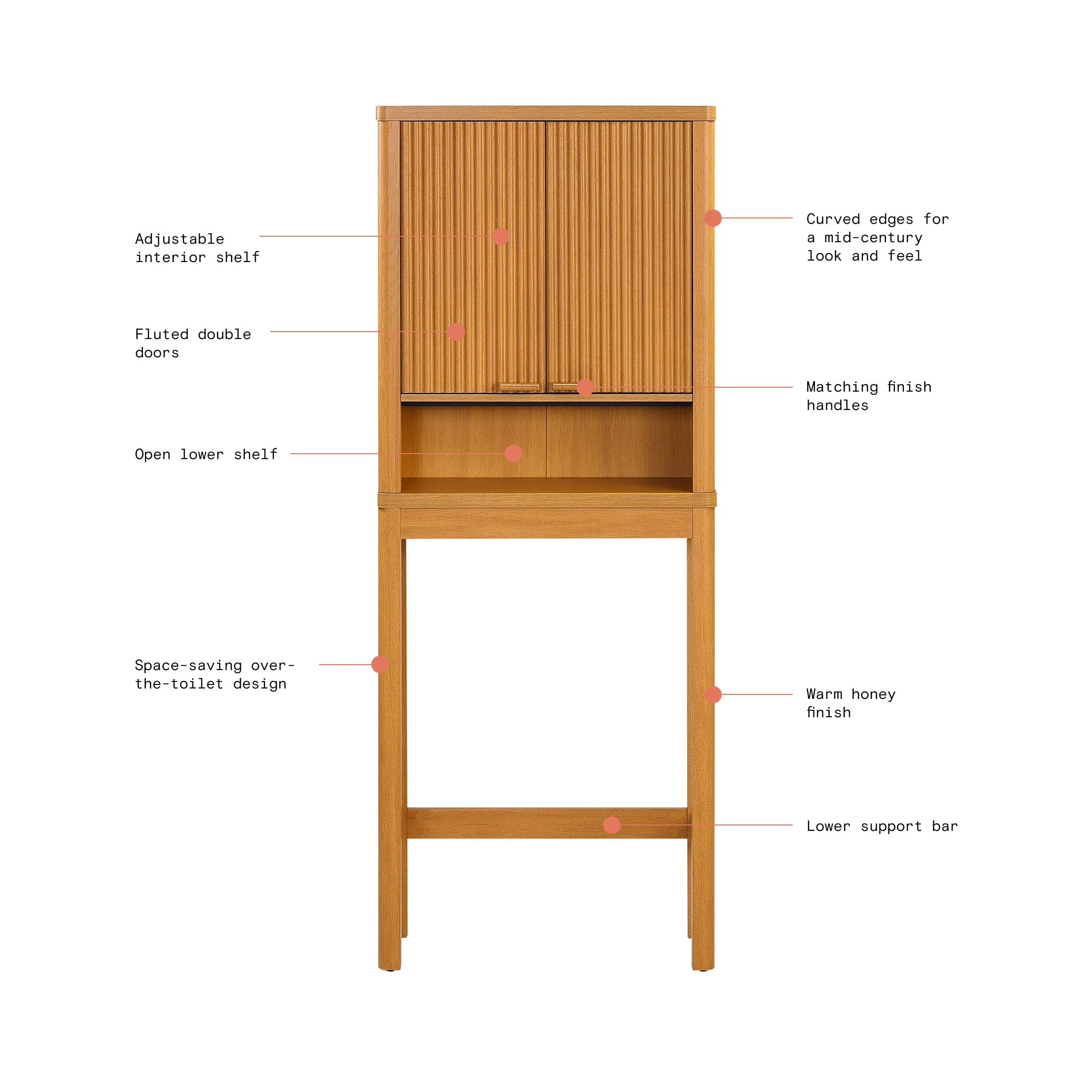 Beautiful Fluted Over-The-Toilet Storage Cabinet, Warm Honey