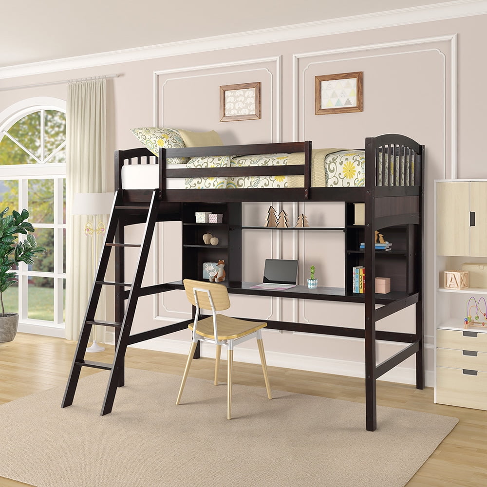 Loft Beds with Storage Bookshelfs and Desk, Loft Bed for Kids Teens, Espresso Loft Beds with Storage Bookshelfs and Desk, Loft Bed for Kids Teens, Espresso