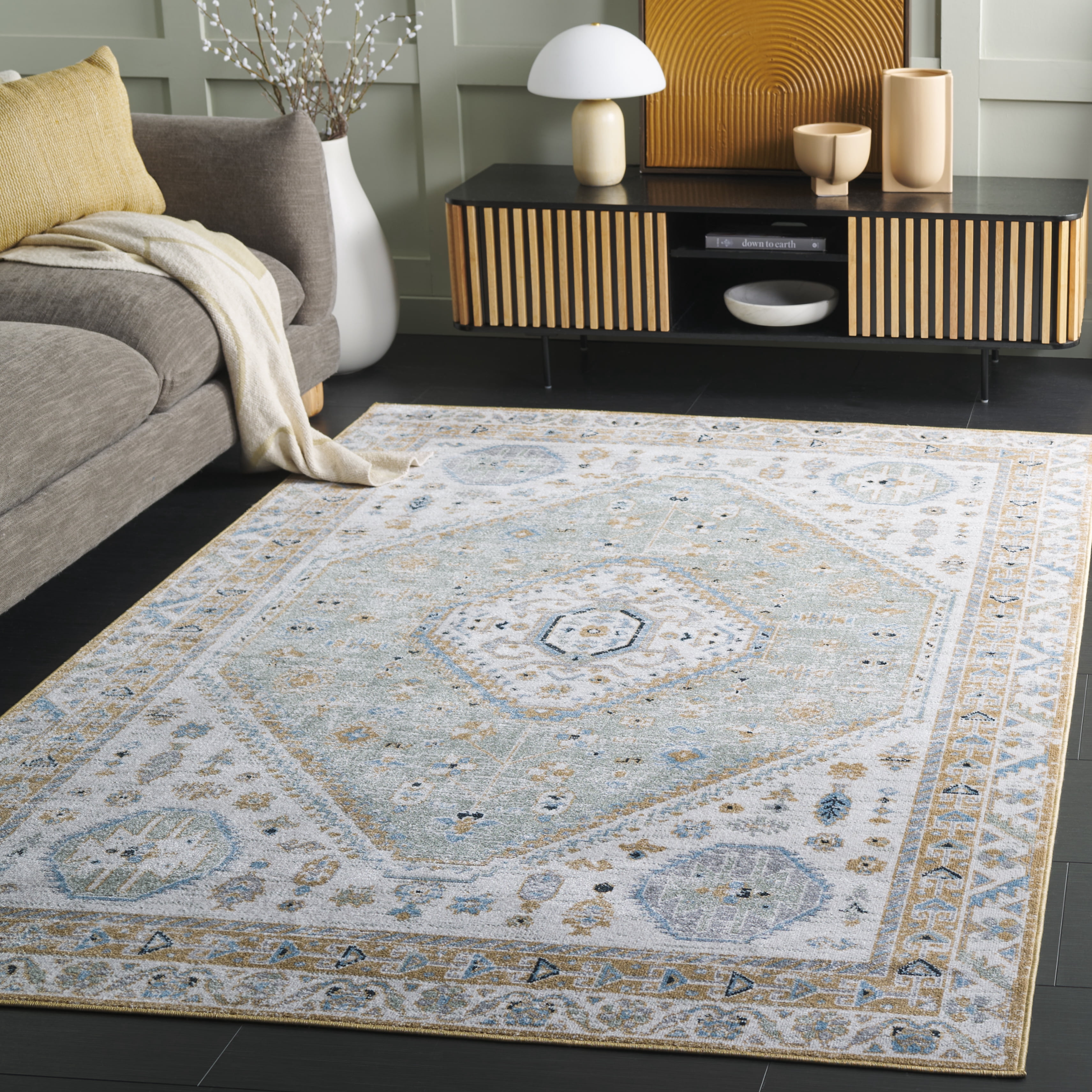 SAFAVIEH Bayside Sherwood Oriental Polyester Area Rug, Gold/Green, 4' x 6'