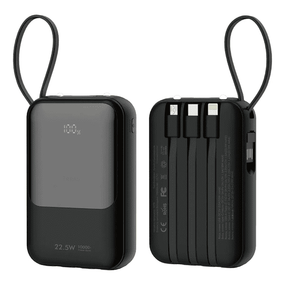 Power Bank Batería Portátil Carga Rápida Bidireccional 22.5W 10000mAh Con Luz Iluminacion, Con 4 Cables Micro USB Xtellar negro