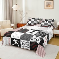 Homewish Baseball Gamer Twin Sheet Sets 3pcs for Kids Teens Adults,Sport Game Twin Fitted Sheet Microfiber,Black Red Plaid Breathable Flat Sheet,Breathable Home Decor