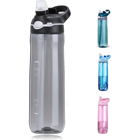 UTAH-24oz Water Bottles with Straw, 100% Leakproof BPA FREE Hidden Nozzle Clear Bottle with Handle, Flip Up Lid, Wide Bottle Easy Clear, Suit Office Sports Travel Gym Yoga, Black
