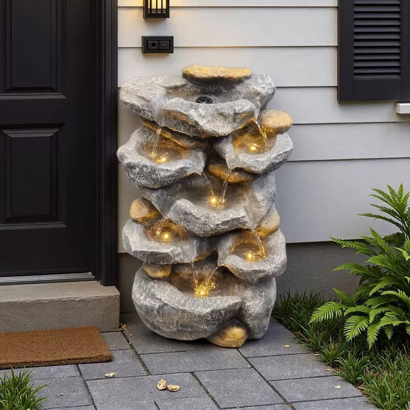 Premium Resin Rock Mountain Waterfall Fountain, Relaxing Water Feature Ornament, Multiscene Decor for Desktop Home Office Indoor Outdoor Garden