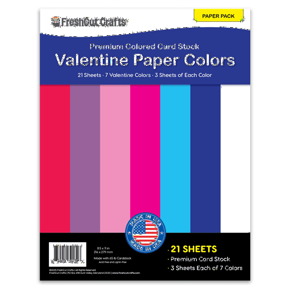 FreshCut Crafts Paper Colors, 21 Double Sided Cardstock Sheets, 7 Valentine Colors