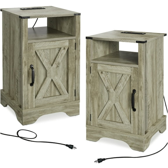 JERFIT Farmhouse Nightstand with Charging Station, 2-Pack Light Gray End Tables with Outlets, USB Ports, Storage Shelf for Bedroom, Living Room