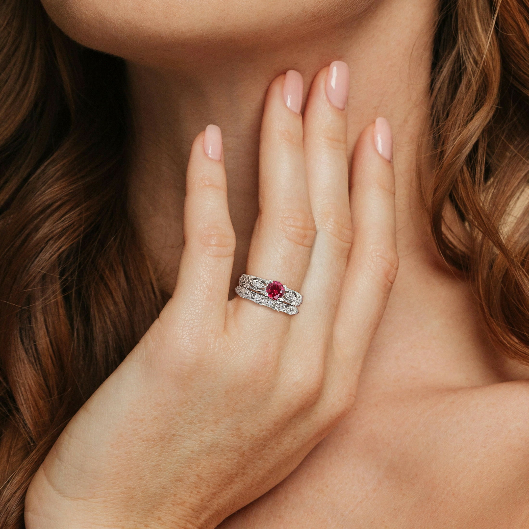 Everly Women's Created Sapphire Created Ruby 10k White Gold Bridal Set