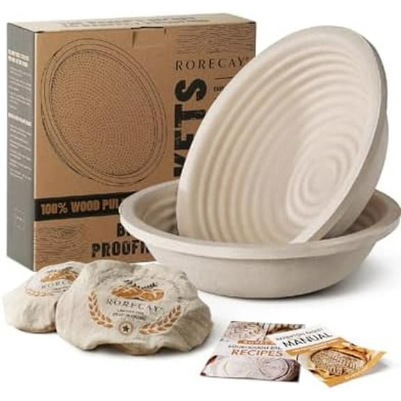Wood Pulp Banneton Bread Proofing Baskets Set of 2, 9 Inch Round 2.2LB Sourdough Banneton Basket with Liner, Non-Stick Dough Proofing Bowl for Rising and Baking$$Home Decor, Kitchen, & Other