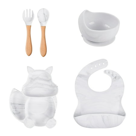 

5 Pcs Baby Silicone Bibs Squirrel Divided Dinner Plate Sucker Bowl Spoon Fork Set Training Feeding Food Utensil Dishes Tableware Kit for Newborn Toddlers Infants Gifts
