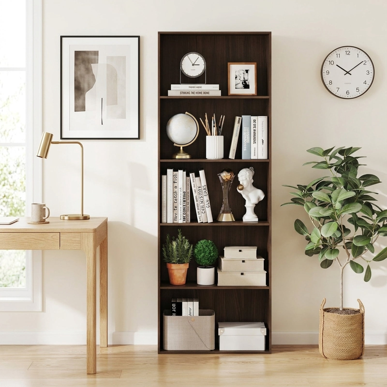 Furnibear 5-Tier Bookshelf Open Bookcase Freestanding Display Shelf Storage Organizer-Dark Walnut for Living Room Home Office Bedroom, Dark Brown