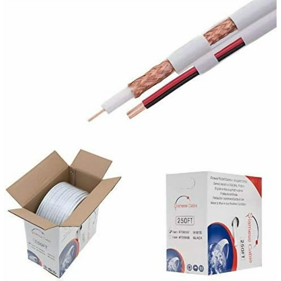 250FT White Bulk Siamese RG59/U Coax Cable, 20AWG + 18/2 Power Wire, 95% Shield Coverage for CCTV & Security Systems, Cables Direct Online