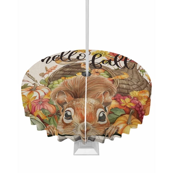 Boanket Outdoor Tablecloth with Umbrella Hole for Patio/Picnic/Party/Camping, Hello Fall Thanksgiving Waterproof Table Cloth Round Cover Washable, Squirrel Pumpkins Black Plaid (Dia 60")