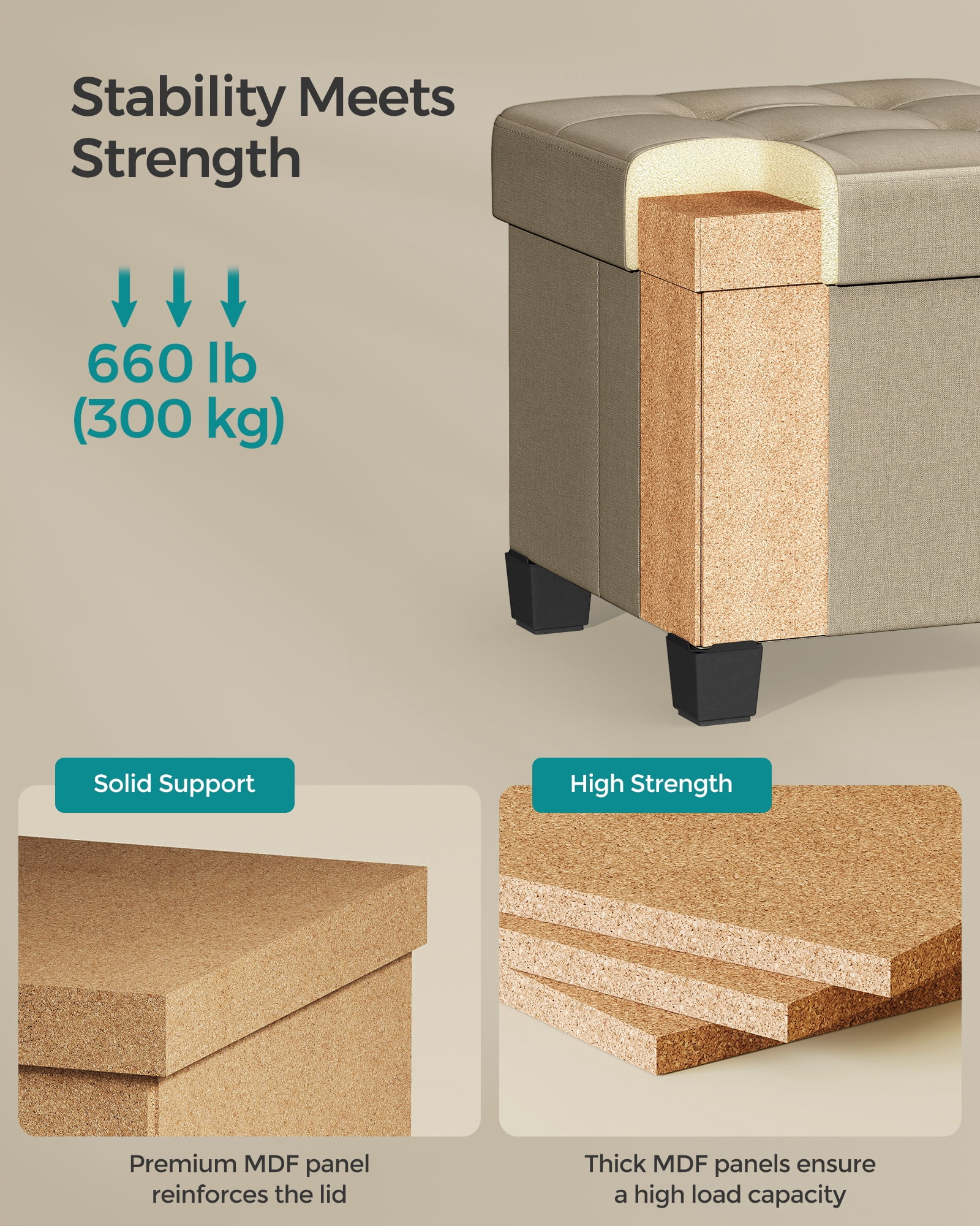 Storage Ottoman Foot Stool with Tufted Linen-Look, 15 x 15 x 15.7 Inches, 660 lb Capacity, Foldable for Living Room, Bedroom & Dorm, Camel Brown