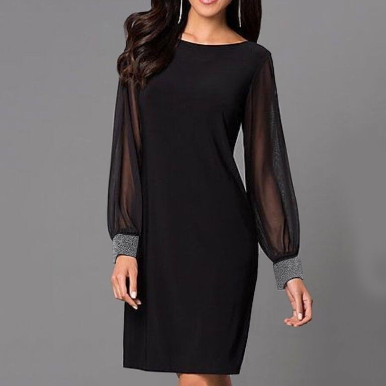 mini dress with black stockings Long Sleeve Mesh Short Dress in Black main image 0
