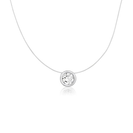 Round Lock Pendant - Floating Illusion Silver Round 7mm White CZ Solitaire Pendant on Clear Invisible Necklace - 18'