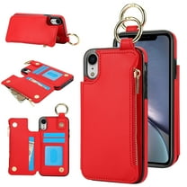 Dteck for iPhone XR Wallet Case, Flip Leather Case with RFID Blocking Card Holder Zipper Pocket, Ring Holder Kickstand Protective Folio Phone Cover for iPhone XR,Red