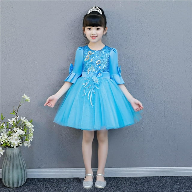 HOZADOIE Robe de Princesse pour Tout-Petit, Texture Brodée à Paillettes, Costume de Performance, Jupe Bouffante en Maille, Mode, Couleur Unie, Col Ras du Cou, Manches Mi-Longues, Robe de Fête pour 3-15 Ans