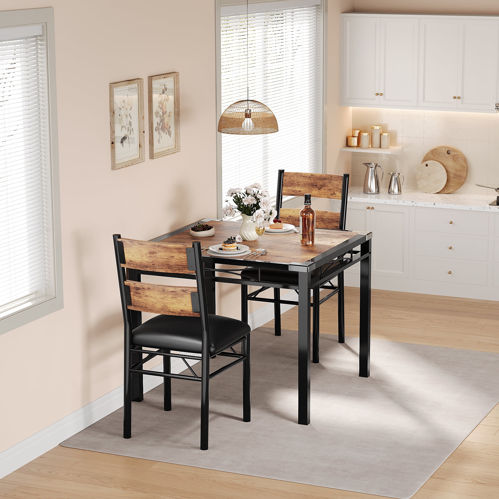 Space-Saving Dining Table Set – 3-Piece Compact Bistro Furniture with 2 Upholstered Chairs, Durable Wood Table, Ideal for Apartments & Breakfast Nooks, Rustic Vintage Style – Vintage Color, 1+2