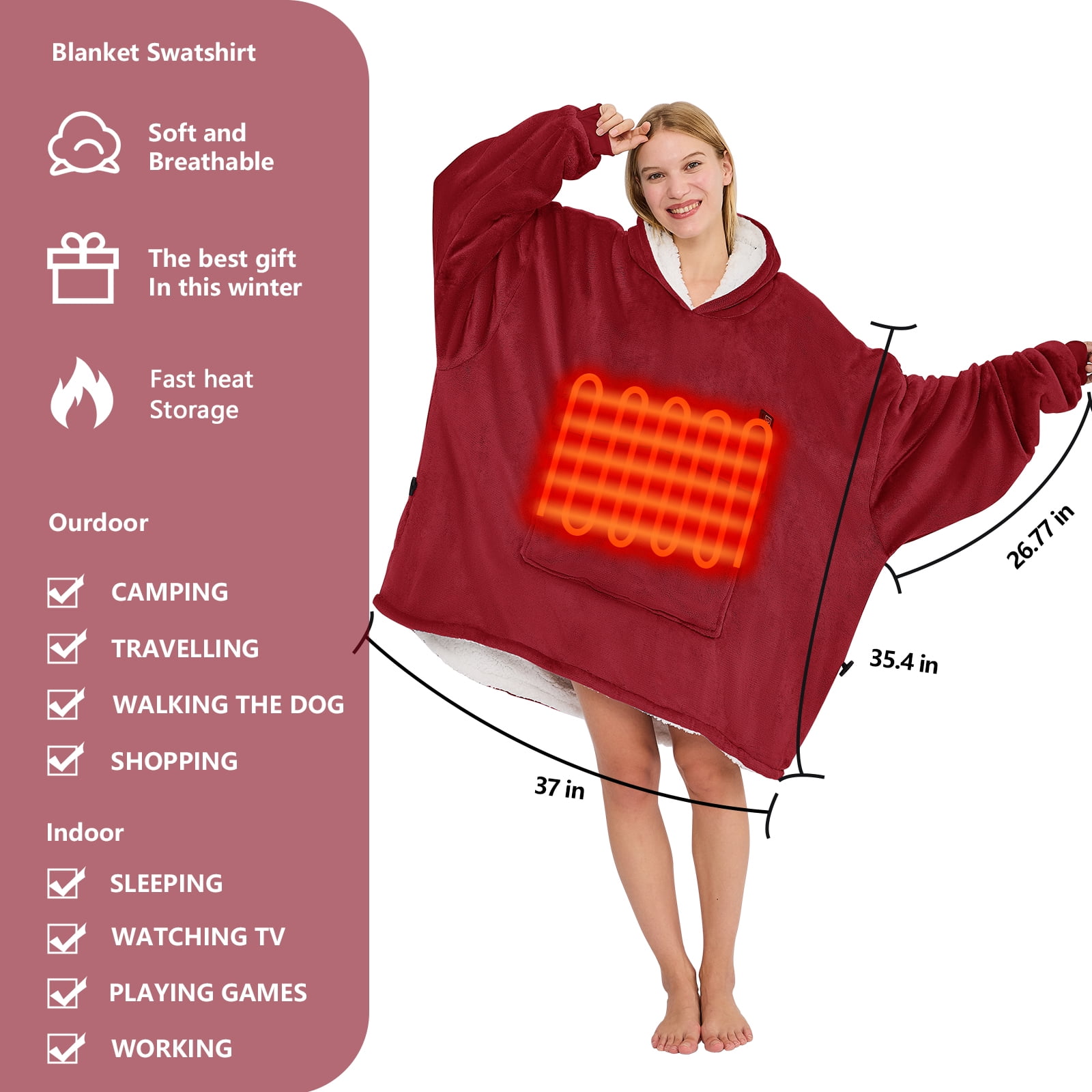 PMONPA Heated Wearable Blanket, Oversized Wearable Heated Blanket for Adult, Sherpa Fleece Blanket Hoodie, One Size, Burgundy