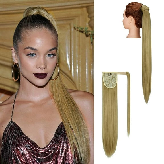 Youloveit Ponytail Hairpiece Extensions, 20/28 Inch Long Straight Wrap Around Clip on Ponytail Hair Extension Synthetic Ponytail Hairpiece Magic Paste Ponytail Extension for Women(Ash Blonde)