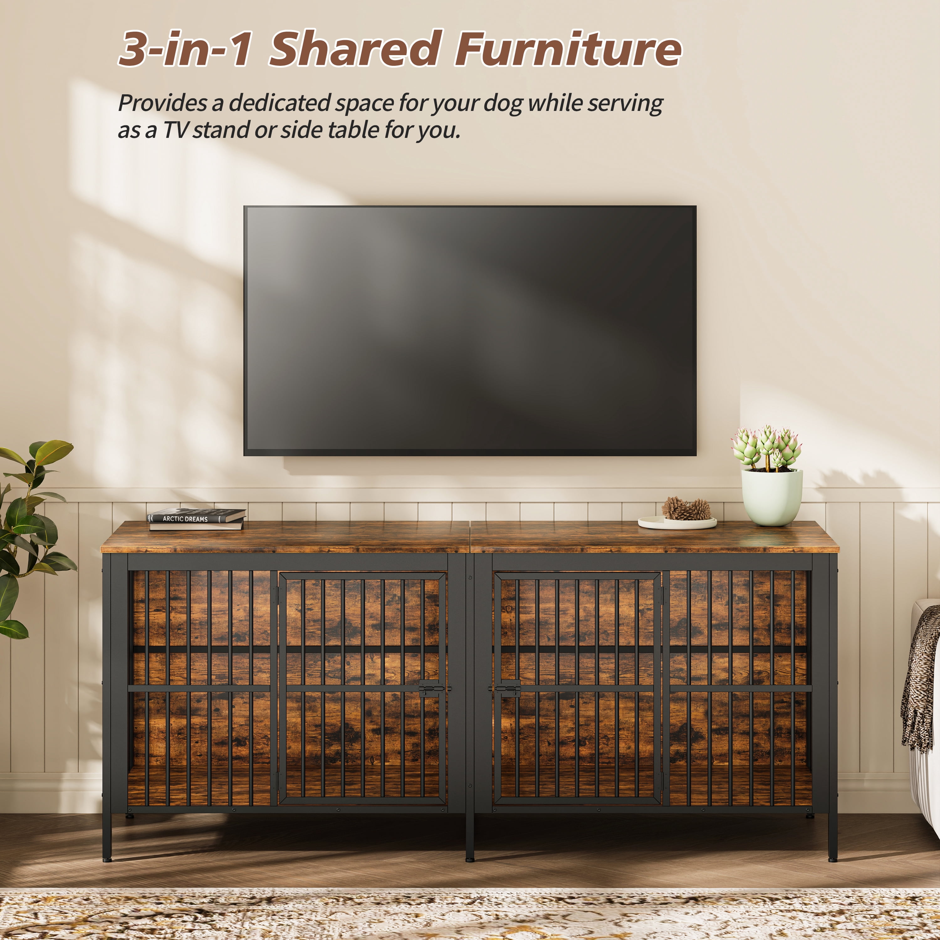 80" Dog Crate End Table, Heavy Duty 2-Door Indoor Pet Kennel, Multipurpose Dog House Furniture as TV Stand or Side Table for Living Room, Large & Medium Dogs