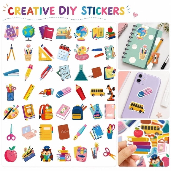 50Pcs Decorative Cartoon Sticker Pack, Cute Aesthetic, Vinyl for Student, for Phone Case, 2X2 Inch Waterproof Adhesive Diy Decals for Laptop Skateboard Water Bottle Journal Decor