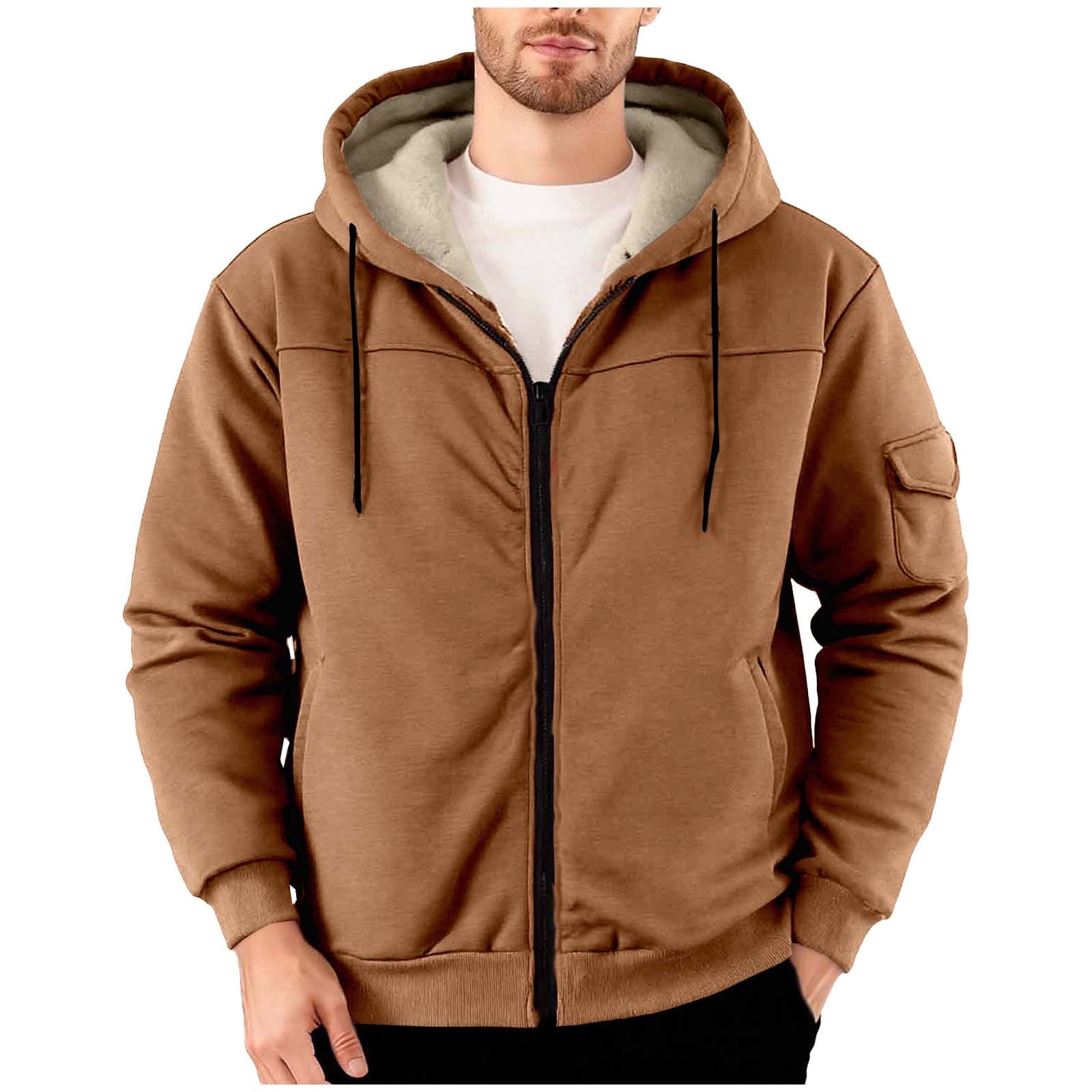 BiZtdJrK Mens Sherpa Lined Hoodie Jackets Winter Thermal Full Zip Hooded Sweatshirt with Pockets, Brown, XXL