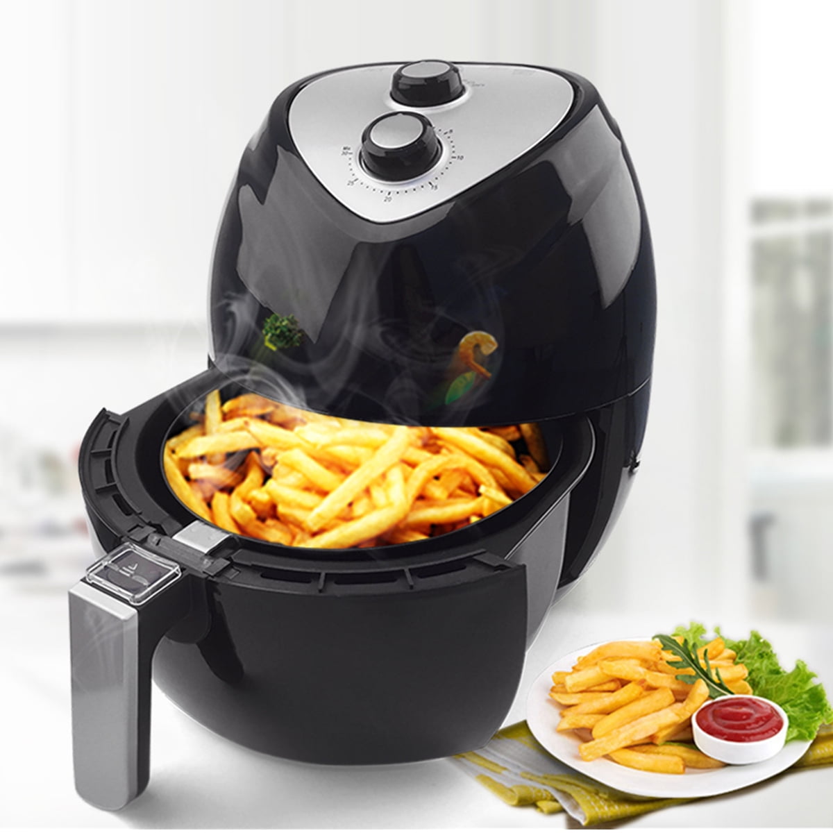 Kepooman 1500W 4.5L Airfryer, Hot Air Fryerrol, Electric Hot Air Fryers Oven, Fryer with Dual Control Temperature and Safe Basket，Black