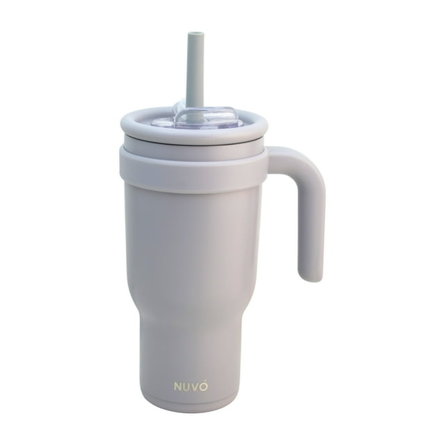Termo Doble Pared Acero Inoxidable Exterior e Interior, Vaso Térmico con Tapa Doble y Popote Plástico con Silicona y Asa Ergonómica, Capacidad 900 ml, Gris