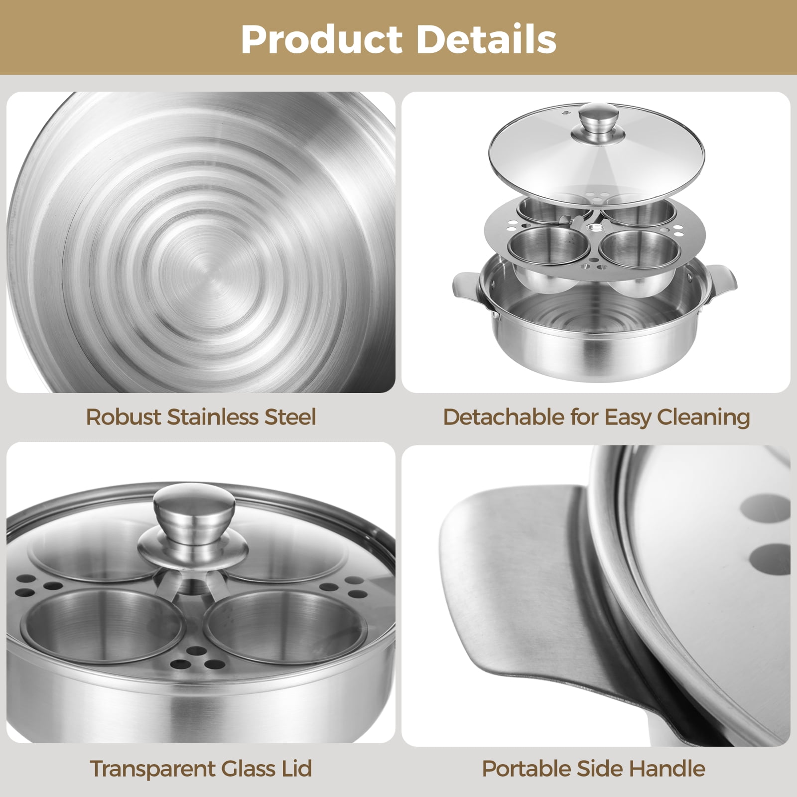 Stainless Steel Egg Poacher Pan, Steamer Pot with 4 Poached Egg Cups, Egg Cooker for Stove and Induction, Sturdy and Even Heating, Ideal for Soup and Boiled Egg, 9.4×2.6"