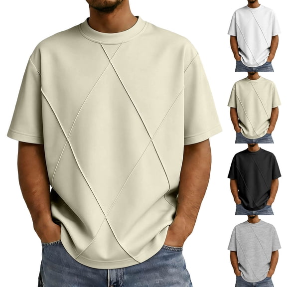 Big & Tall Men's Short Sleeve Boxy T-Shirts Crew Neck Diamond Grid Seam Pattern Summer Fashion Classic Tops for Father Gift