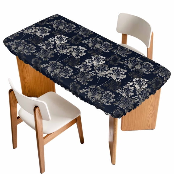 Vintage Flowers Table Cloths for 6 Foot Rectangle Tables, Dark Blue Dandelion Plants Pastoral Botanical Patio Waterproof Elastic Fitted Tablecloths, Washable Rectangular Table Cover for Camping
